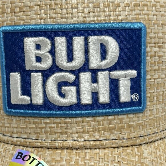 NWT Bud Light Straw Trucker Hat Bottle Opener Blue Patch One Size Adjustable - Picture 4 of 12